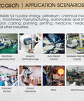 Application scenarios for various industries including electronics, healthcare, and manufacturing, with images of facilities and equipment.