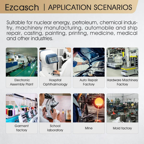 Application scenarios for various industries including electronics, healthcare, and manufacturing, with images of facilities and equipment.