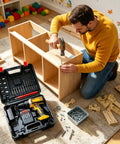 A person assembling furniture using Heavy Duty Cordless Power Drill And 21V Electric Screwdriver Set With Adjustable Torque.