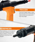 Heavy Duty Pneumatic Rivet Nut Tool Trade Grade Air Riveter Setting Kit showing trigger and adjustable nosepiece for M3 to M12 threads.