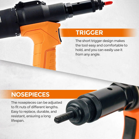 Heavy Duty Pneumatic Rivet Nut Tool Trade Grade Air Riveter Setting Kit showing trigger and adjustable nosepiece for M3 to M12 threads.