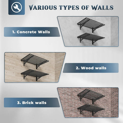 Two Pack 2x3 Ft Wall Mounted Garage Shelves Heavy Duty Steel Storage Racks With Hooks installed on various wall types