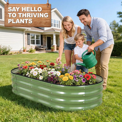 Family using Galvanized Raised Garden Bed Kit For Outdoor Use 4x2x1 Feet Durable Metal Planter Box For Vegetables And Flowers With Tools Included No Hassle Setup Green Finish