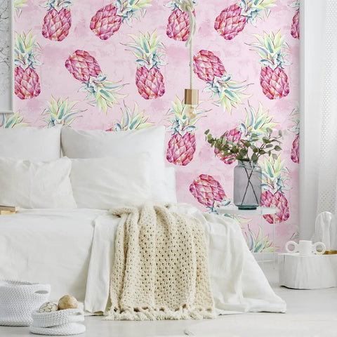 Bold Pink Pineapple Peel And Stick Wallpaper With Watercolor Pineapple Pattern decorating a bedroom wall, 17.7 in by 354 in vinyl roll