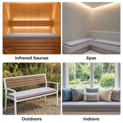 Cozy Sauna Bench Pad for inside or outside waterproof insulated seat cushion with soft support, shown in various settings.