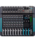 Front view of 10 Channel Audio Mixer For Home Studio With USB 99 DSP Reverb 7 Band EQ 48V Phantom Power One Click Mute