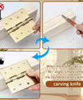 Demonstration of using a knife to carve rounded corners on a wooden door frame for hinge installation with close-up views.
