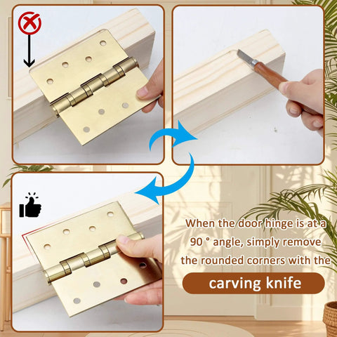 Demonstration of using a knife to carve rounded corners on a wooden door frame for hinge installation with close-up views.