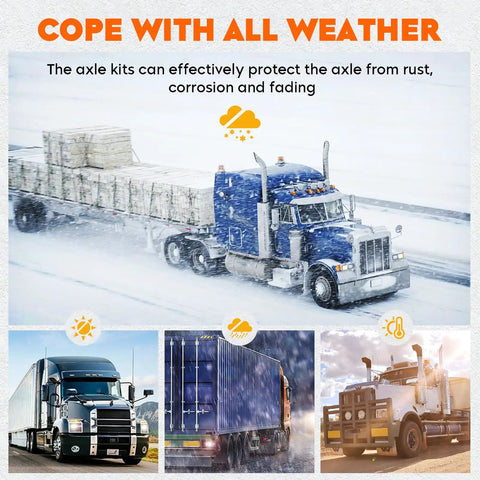 Semi trucks with Chrome ABS 33 mm Thread On Dome Axle Cover Kit in various weather conditions