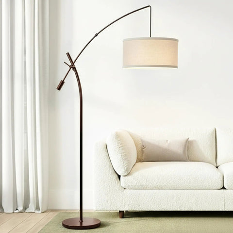 Arc Floor Lamp With Linen Shade Sleek Bronze Finish Adjustable Arm For Living Room Office Reading Over Sofa Industrial Style Lighting