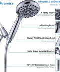 Handheld Shower Head With High Pressure And 6 Spray Settings Detachable Design 4.9 Inch Face For Full Coverage 70 Inch Hose And Metal Adjustable Bracket