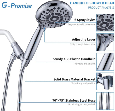 Handheld Shower Head With High Pressure And 6 Spray Settings Detachable Design 4.9 Inch Face For Full Coverage 70 Inch Hose And Metal Adjustable Bracket