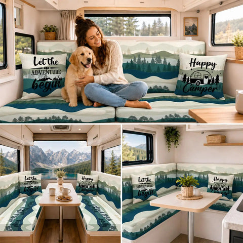 Six Pack RV Dinette Cushion Covers Set Mountain Theme Stretchy Washable Camper Slipcovers in RV seating area