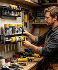 Heavy Duty Spray Paint Organizer Wall Mount Rack For Aerosol Cans And Sealing Pipes Space Saving Garage And Workshop Storage System Industrial Grade Sealing Tube Holder For Home Shed Keeps Tools Within Reach displayed in workshop