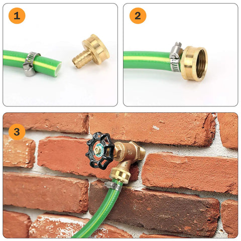 Solid Brass Garden Hose Repair Kit With 1/2 Inch Connectors, 4 End Set Of Female And Male Fittings in use, securing garden hose