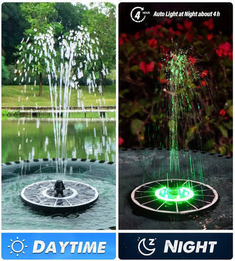 Solar Glass Panel Fountain With 2200mAh Battery, 3.5W Floating Solar Water Pump For Bird Bath Garden Pond Pool Outdoor Use No Fuss Setup, Four Fixed Rods, White Panel With Colorful Lights in daytime and night view