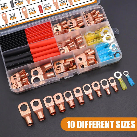 Heavy Duty Copper Wire Lug Kit 130Pcs AWG 2 To 16 Ring Terminals with Heat Shrink Tubing in organized case
