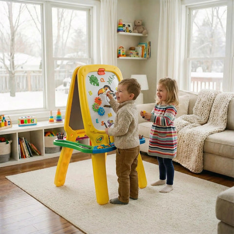 Kids drawing on a Mega Size Magnetic Double Sided Kids Easel Built Tough For Endless Creative Sessions with colorful designs.