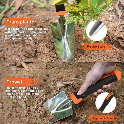 Transplanter and trowel from 10 Piece Stainless Steel Garden Tools Set For Planting And Pruning, Heavy Duty Kit With Ergonomic Non Slip Handles