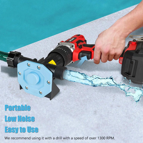 Heavy Duty Hand Drill Pump Moving 750 Gph Water Transfer Loads with suction tubing and drill attachment in action.