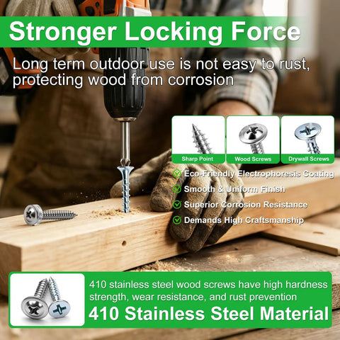1310 Piece Magnetic 410 Stainless Wood And Drywall Screws Set With Phillips Truss Head For Size 8 And 10 Anti Corrosion High Strength Long Lasting Pro Grade For Woodworking And Home Reno, 410 stainless wood screw in drill driving into lumber
