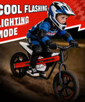 Kids Electric Dirt Bike With 24V 300W Motor, Two Speed Settings, Flashing LED Lights, Builtin Music Function, Durable Electric Bike For Ages Six And Up, Red, child riding in cool flashing mode
