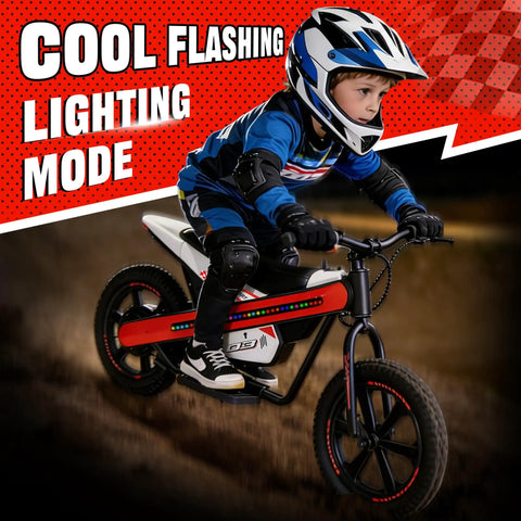 Kids Electric Dirt Bike With 24V 300W Motor, Two Speed Settings, Flashing LED Lights, Builtin Music Function, Durable Electric Bike For Ages Six And Up, Red, child riding in cool flashing mode