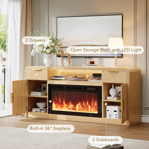 70 Inch Fireplace TV Stand With Wavy Fluted Doors And Adjustable Shelves For 80 Inch TV, Remote And Touch Control Electric Fireplace