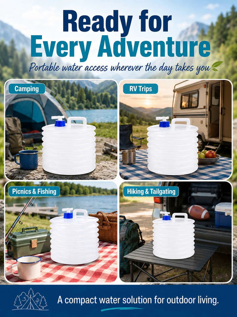 Foldable Water Container With Spigot For Camping And Travel 3 Liter Accordion Water Jug in various outdoor settings.