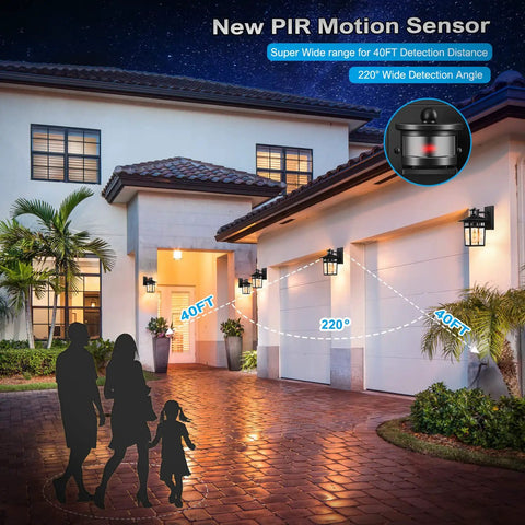 Outdoor scene with Smart Motion Sensor Outdoor Wall Light for porch and garage, showing detection range and angle with a silhouette family.