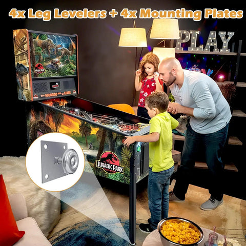 Family playing pinball with Heavy Duty 2 Inch Leg Levelers Set With Square Mounting Plates for arcade cabinets.