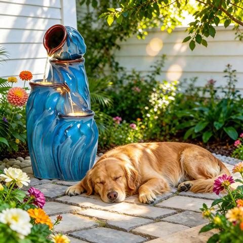 Outdoor Ceramic Water Fountain With 4 Tier Pots Turquoise Ocean Wave Texture 29 Inch Garden Centerpiece next to a sleeping dog