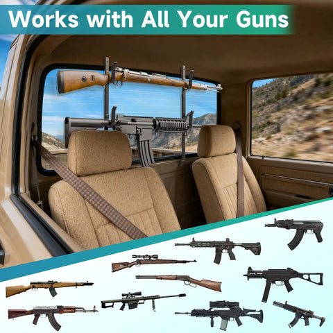 Rear Window Gun Rack For Pickup Trucks Heavy Duty Steel 14-25 Inch Adjustable Rifle Mount with rifles secured in truck interior