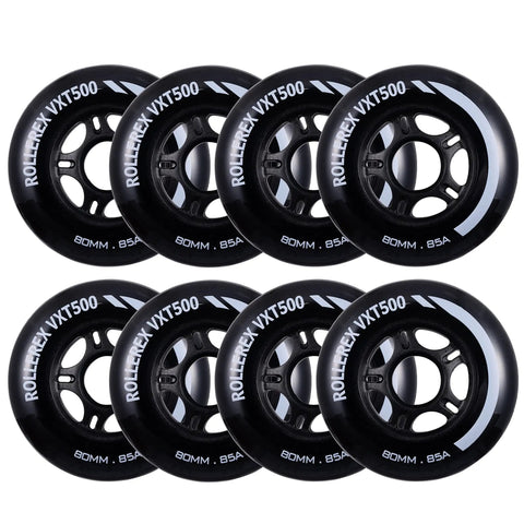 Stack of black 80mm inline skate wheels, showing 8 pack of 85A urethane for indoor and outdoor use, fits standard 608 bearings.