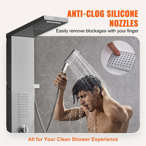 Slick Stainless Steel Shower Panel Tower Featuring Five Kickass Spray Modes, Smooth Knob Control, Rainfall Showerhead, Waterfall Stream, Dual Body Massage Jets, Bathtub Spout, And Handheld Sprayer Kit