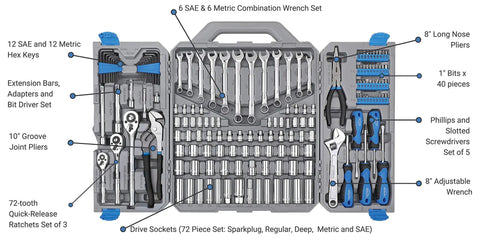 Open Shop Ready 163 Piece SAE And Metric Mechanic Tool Set with 72 tooth ratchets in chrome vanadium steel case.