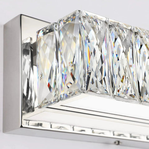 Close-up of crystal diffusers on Modern Over Mirror Bathroom Light Fixture 30 Inch LED Vanity Bar Crystal Chrome Dope White Daylight 6000K