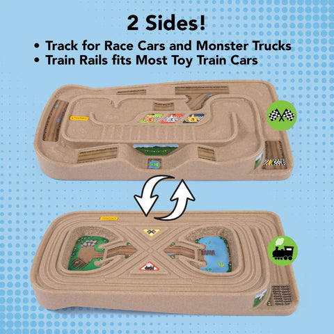 On The Go Kid Friendly Race Track Table With 2-Sided Play Surface For Cars And Trains, portable no assembly toy table shown