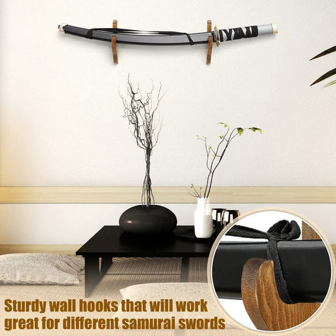 Two Pack Dope Sword Wall Mount Holder Kit For Katana Display in living room, wooden mounts holding samurai sword, brown finish