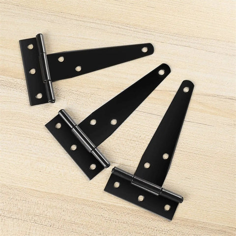 Hella Durable 4 Inch T Hinges 6 Pack Rust Proof Steel Cabinet And Garden Shed Door Hardware, black metal design.