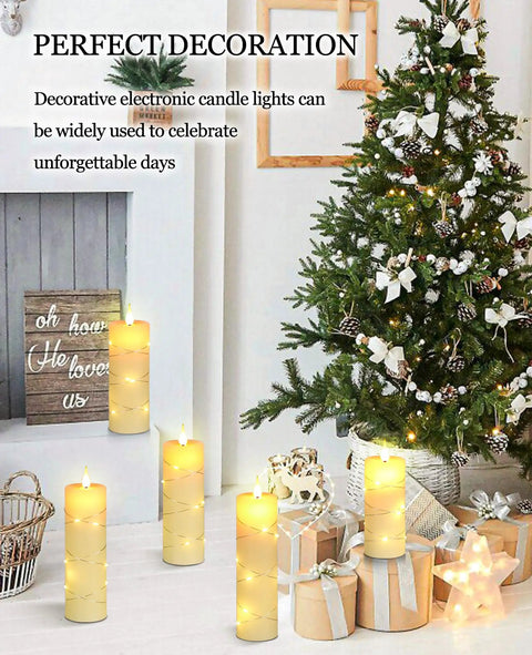 Flickering Flameless Candles With Embedded String Lights, Battery Operated 5 Pack Ivory, Remote Control And Timer by Christmas tree