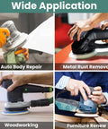 Four uses of Do It All 6 Inch Sanding Pads And Discs Kit, featuring auto body repair and woodworking projects.