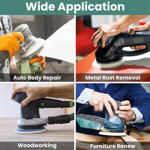 Four uses of Do It All 6 Inch Sanding Pads And Discs Kit, featuring auto body repair and woodworking projects.