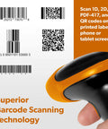 No Fuss Wireless Barcode Scanner With Usb Stand For Lightning Fast 1D 2D Qr Code And Pdf417 Label Reading showing scanning process.