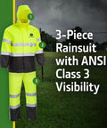 Unisex ANSI Class III High Visibility Rain Suit Jacket And Bib Set With Color Block Design Water Resistant Reflective 3M Tape