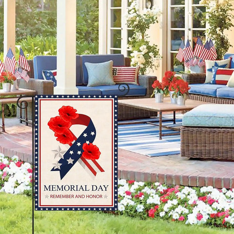 Memorial Day Garden Flag 12x18 Inch Double Sided Outdoor Patriot Flag Remembers And Honors Vets For 4th Of July Stars And Stripes Poppy Ribbon Yard Outdoor Decoration displayed in a garden setting.