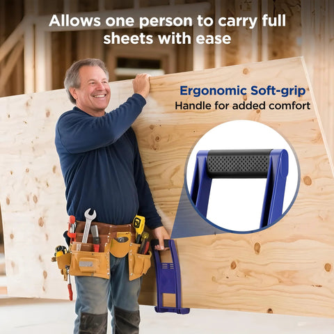 WORKPRO drywall carrier tool, blue with black textured soft-grip handle, front view lifting a plywood panel