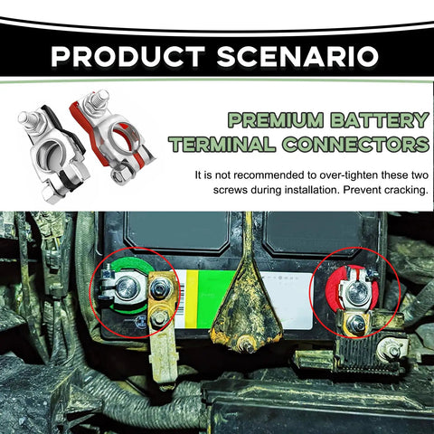Top Shelf Battery Terminal Connectors For Nissan Altima Maxima Sentra Owners, mounted on battery terminals showing positive and negative clamps.