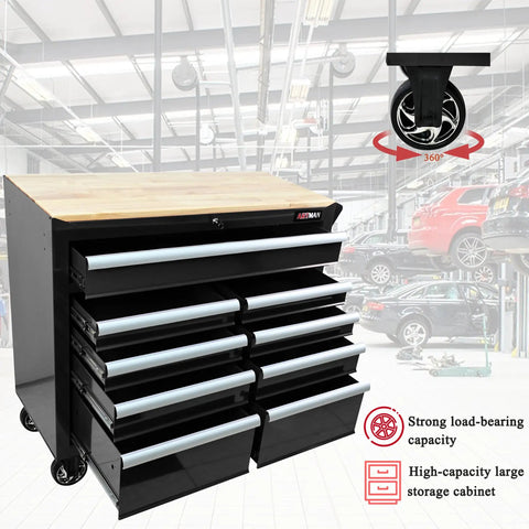 Beefy 9 Drawer Rolling Tool Chest On Wheels With Wood Top Heavy Duty Steel Tool Cabinet For Garage Workshop Or Warehouse Large Capacity Tool Organizer For Tools Parts And Gear, black