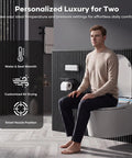 Man seated on Hands Free Foot Operated Wall Mount Smart Toilet With Automatic Bidet Heated Seat Touchless Auto Flush, showcasing settings.